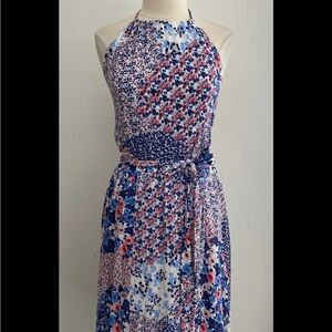 Copper Key Blue and Red Sleeveless Halter Maxi Sundress